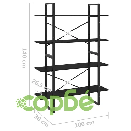 4-етажна библиотека, черна, 100x30x140 см, борово дърво масив ➤ топ цена ➤ sorbe.bg