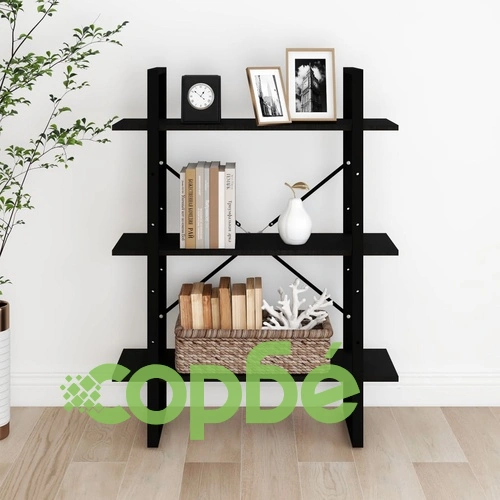 3-етажна библиотека, черна, 80x30x105 см, борово дърво масив ➤ топ цена ➤ sorbe.bg