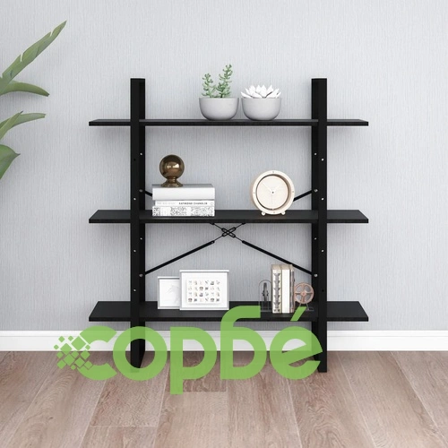 3-етажна библиотека, черна, 100x30x105 см, борово дърво масив ➤ топ цена ➤ sorbe.bg