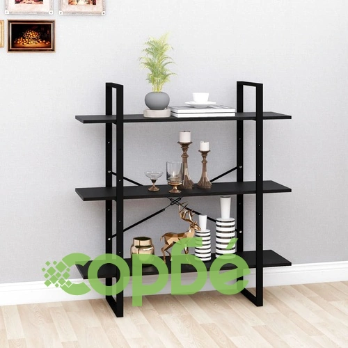 3-етажна библиотека, черна, 100x30x105 см, борово дърво масив ➤ топ цена ➤ sorbe.bg