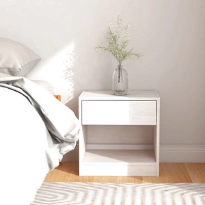 Нощно шкафче, бяло, 40x31x40 см, борово дърво масив