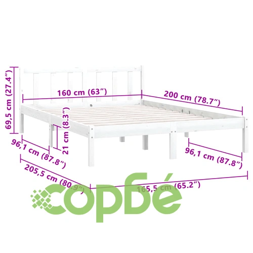 Рамка за легло без матрак, бял, 160x200 см, масивно дърво ➤ топ цена ➤ sorbe.bg