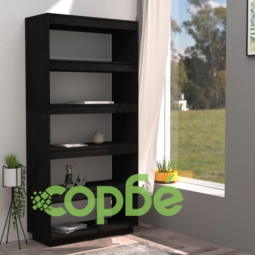 Библиотека/разделител за стая, черна, 80x35x167 см, бор масив ➤ топ цена ➤ sorbe.bg