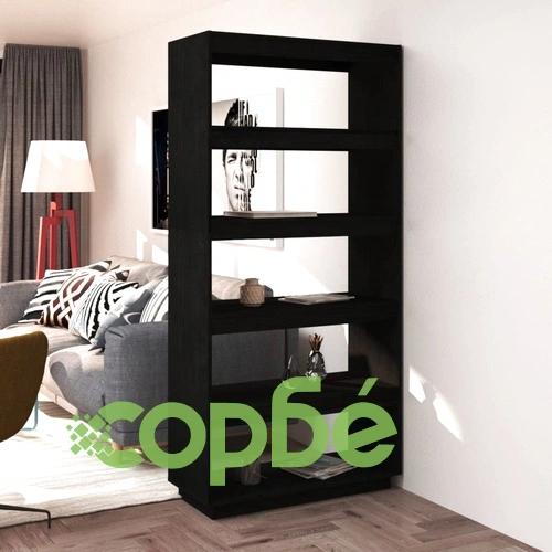 Библиотека/разделител за стая, черна, 80x35x167 см, бор масив ➤ топ цена ➤ sorbe.bg
