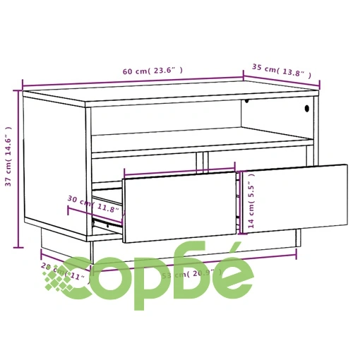 ТВ шкаф, бял, 60x35x37 см, бор масив ➤ топ цена ➤ sorbe.bg
