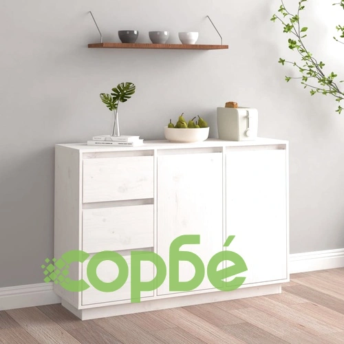 Сайдборд, бял, 111x34x75 см, бор масив ➤ топ цена ➤ sorbe.bg