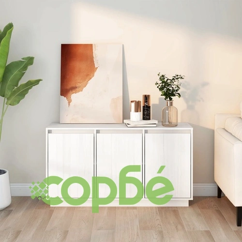 Сайдборд, бял, 111x34x60 см, бор масив ➤ топ цена ➤ sorbe.bg