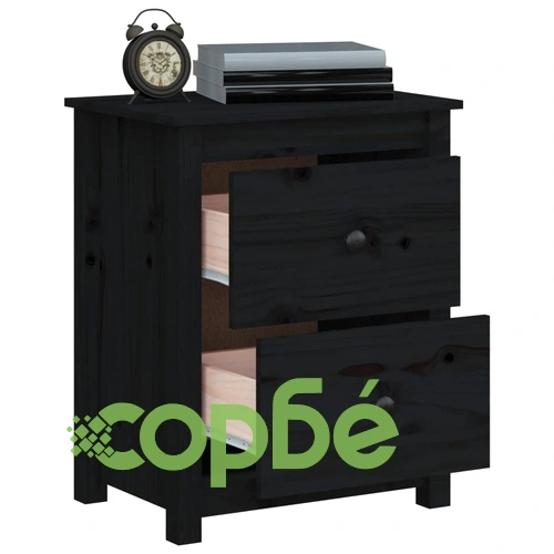 Нощно шкафче, черно, 50x35x61,5 см, борово дърво масив ➤ топ цена ➤ sorbe.bg