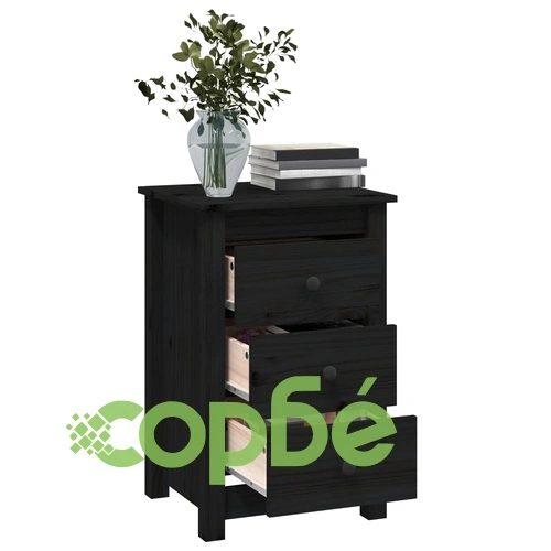 Нощно шкафче, черно, 40x35x61,5 см, борово дърво масив ➤ топ цена ➤ sorbe.bg