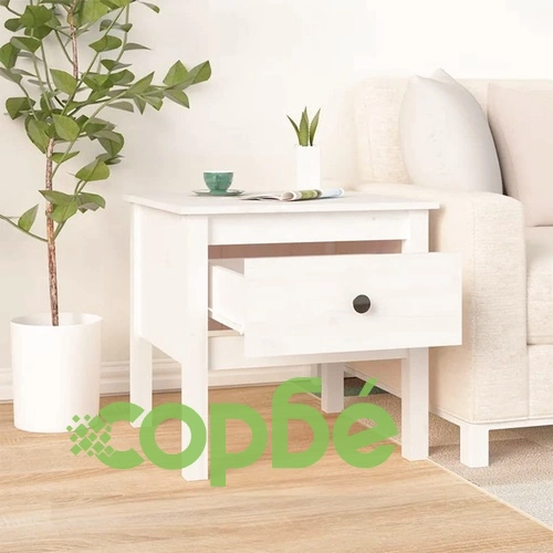 Странични масички, 2 бр, бели, 50x50x49 см, борово дърво масив ➤ топ цена ➤ sorbe.bg