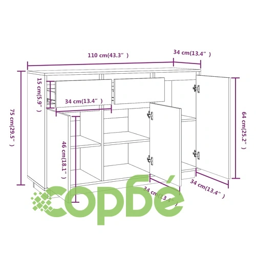 Сайдборд, бял, 110x34x75 см, бор масив ➤ топ цена ➤ sorbe.bg