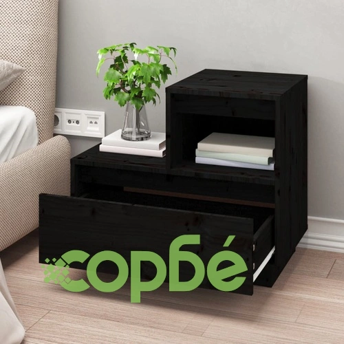 Нощно шкафче, черно, 60x34x51 см, борово дърво масив ➤ топ цена ➤ sorbe.bg