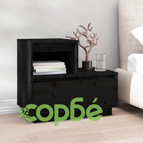 Нощно шкафче, черно, 60x34x51 см, борово дърво масив ➤ топ цена ➤ sorbe.bg