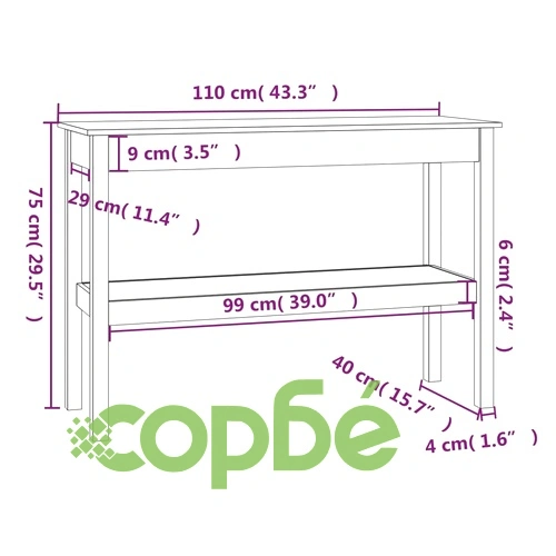 Конзолна маса черно 110x40x75 см борово дърво масив ➤ топ цена ➤ sorbe.bg