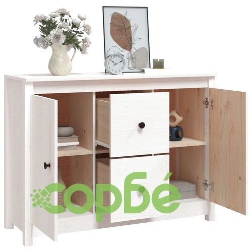 Сайдборд, бял, 100x35x74 см, бор масив ➤ топ цена ➤ sorbe.bg