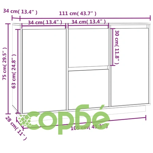 Сайдборд, сив, 111x34x75 см, бор масив ➤ топ цена ➤ sorbe.bg