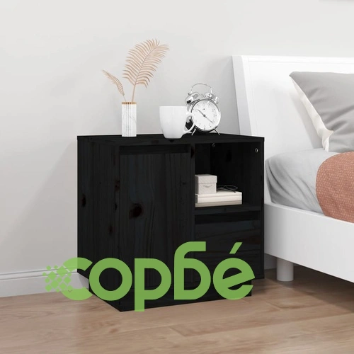 Нощно шкафче, черно, 50x34x50 см, борово дърво масив ➤ топ цена ➤ sorbe.bg