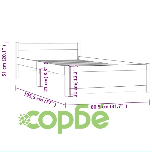 Рамка за легло, масивно дърво, 75x190 см, Small Single ➤ топ цена ➤ sorbe.bg