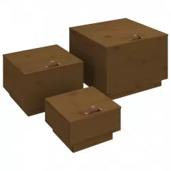 Кутии за съхранение с капаци 3 бр меденокафяви бор масив