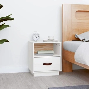 Нощно шкафче, бяло, 40x34x45 см, борово дърво масив