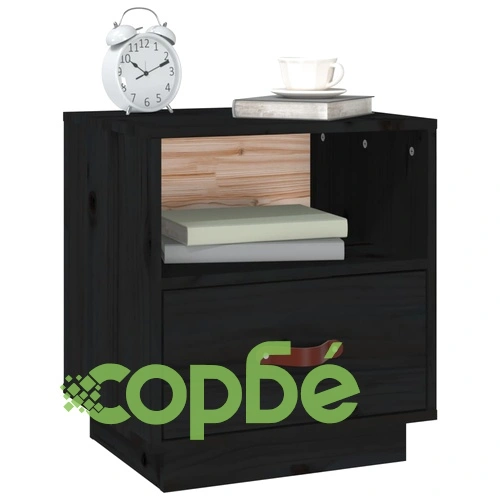 Нощно шкафче, черно, 40x34x45 см, борово дърво масив ➤ топ цена ➤ sorbe.bg