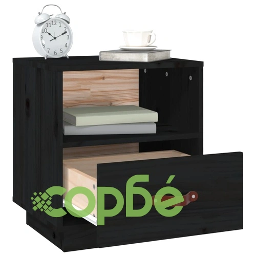 Нощно шкафче, черно, 40x34x45 см, борово дърво масив ➤ топ цена ➤ sorbe.bg