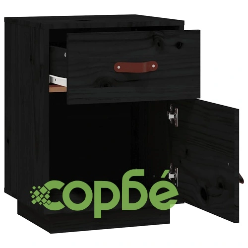 Нощно шкафче, черно, 40x34x55 см, борово дърво масив ➤ топ цена ➤ sorbe.bg