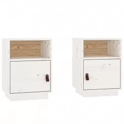 Нощни шкафчета, 2 бр, бели, 40x34x55 см, борово дърво масив