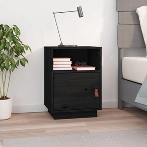 Нощно шкафче, черно, 40x34x55 см, борово дърво масив