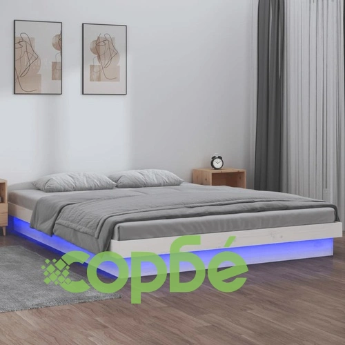 LED рамка за легло, бяла, 140x200 см, масивно дърво ➤ топ цена ➤ sorbe.bg