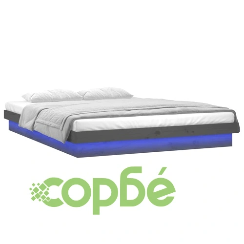 LED рамка за легло сива 180x200 см Super King дърво масив ➤ топ цена ➤ sorbe.bg