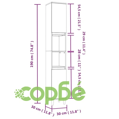 Шкаф за баня, бял гланц, 30x30x190 см, инженерно дърво ➤ топ цена ➤ sorbe.bg