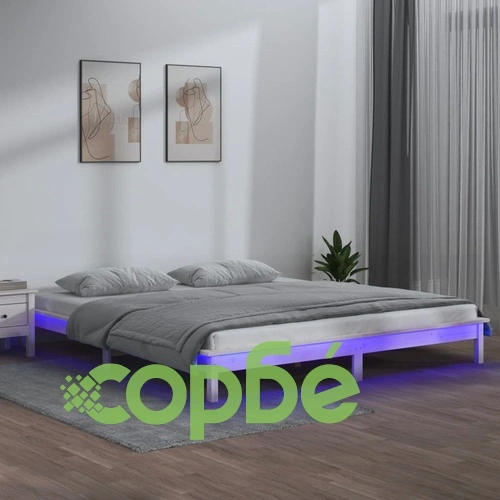 Рамка за легло с LED осветление бяла 160x200 см масивно дърво ➤ топ цена ➤ sorbe.bg