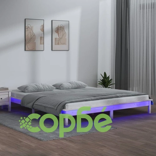 LED рамка за легло бяла 180x200 см Super King дърво масив ➤ топ цена ➤ sorbe.bg