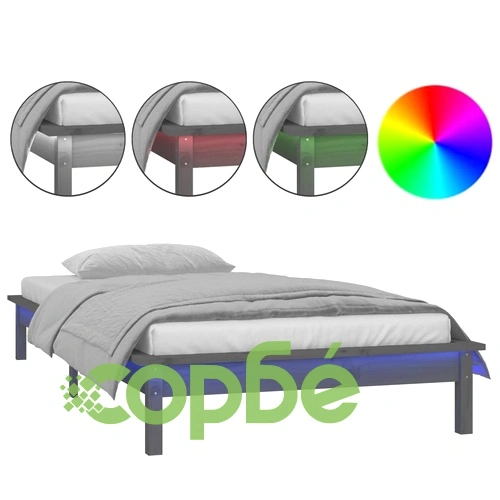 LED рамка за легло сива 75x190 см Small Single дърво масив ➤ топ цена ➤ sorbe.bg