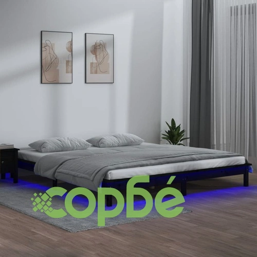 LED рамка за легло черна 120x190 см Small Double масивно дърво ➤ топ цена ➤ sorbe.bg