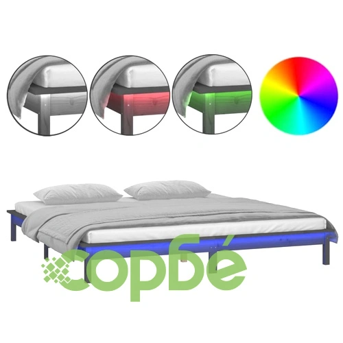 LED рамка за легло сиво 135x190 см Double масивно дърво ➤ топ цена ➤ sorbe.bg
