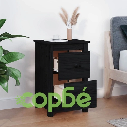 Нощно шкафче, черно, 40x35x61,5 см, борово дърво масив ➤ топ цена ➤ sorbe.bg