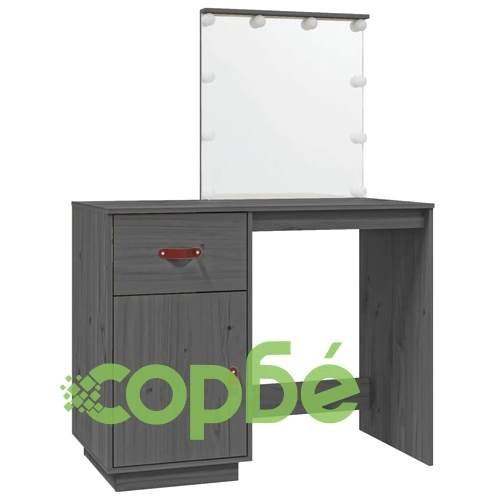 Тоалетка с LED, сива, 95x50x133,5 см, борово дърво масив ➤ топ цена ➤ sorbe.bg