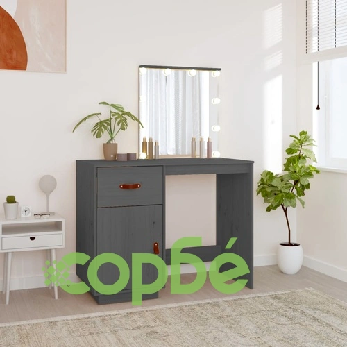 Тоалетка с LED, сива, 95x50x133,5 см, борово дърво масив ➤ топ цена ➤ sorbe.bg