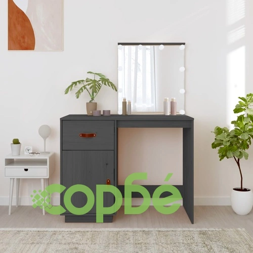 Тоалетка с LED, сива, 95x50x133,5 см, борово дърво масив ➤ топ цена ➤ sorbe.bg