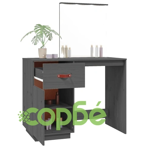 Тоалетка с LED, сива, 95x50x133,5 см, борово дърво масив ➤ топ цена ➤ sorbe.bg