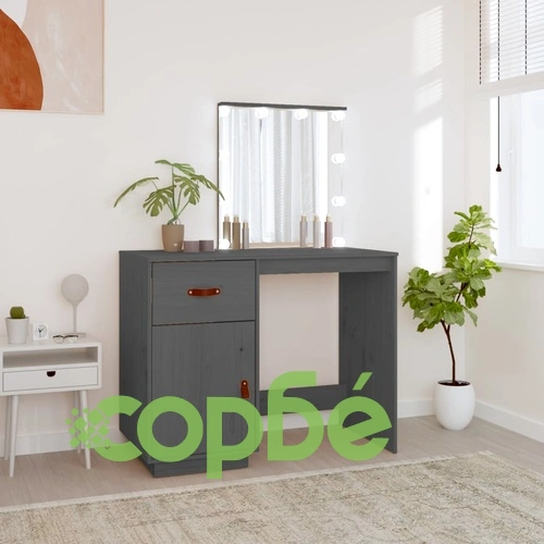 Тоалетка с LED, сива, 95x50x133,5 см, борово дърво масив ➤ топ цена ➤ sorbe.bg