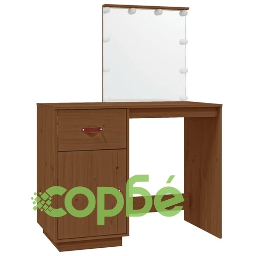 Тоалетка с LED, Меденокафяв, 95x50x133,5 см, борово дърво масив ➤ топ цена ➤ sorbe.bg