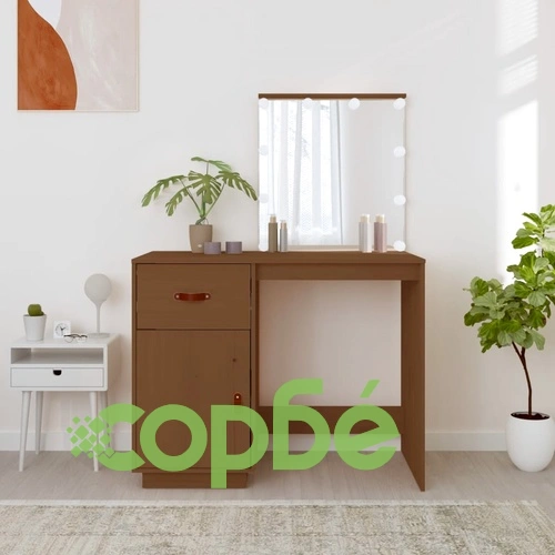 Тоалетка с LED, Меденокафяв, 95x50x133,5 см, борово дърво масив ➤ топ цена ➤ sorbe.bg