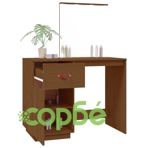 Тоалетка с LED, Меденокафяв, 95x50x133,5 см, борово дърво масив ➤ топ цена ➤ sorbe.bg