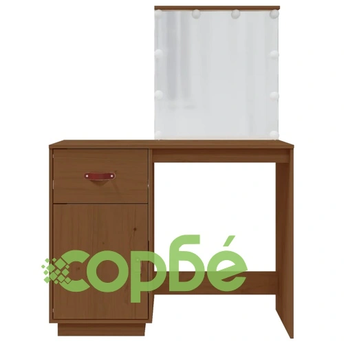 Тоалетка с LED, Меденокафяв, 95x50x133,5 см, борово дърво масив ➤ топ цена ➤ sorbe.bg