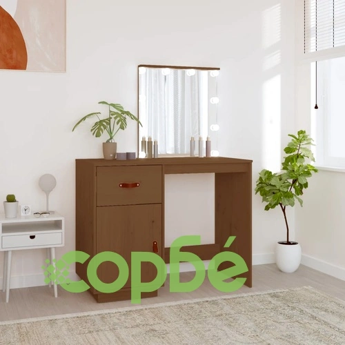 Тоалетка с LED, Меденокафяв, 95x50x133,5 см, борово дърво масив ➤ топ цена ➤ sorbe.bg