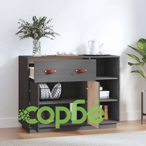 Сайдборд, сив, 98,5x40x75 см, бор масив ➤ топ цена ➤ sorbe.bg