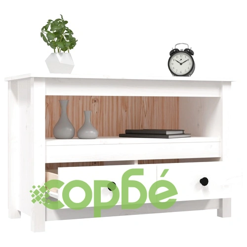 ТВ шкаф, бял, 79x35x52 см, бор масив ➤ топ цена ➤ sorbe.bg